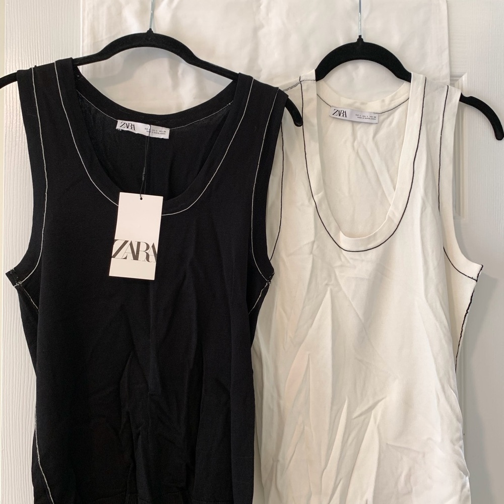 Zara Black and White Fitted Sleeveless Tank Tops